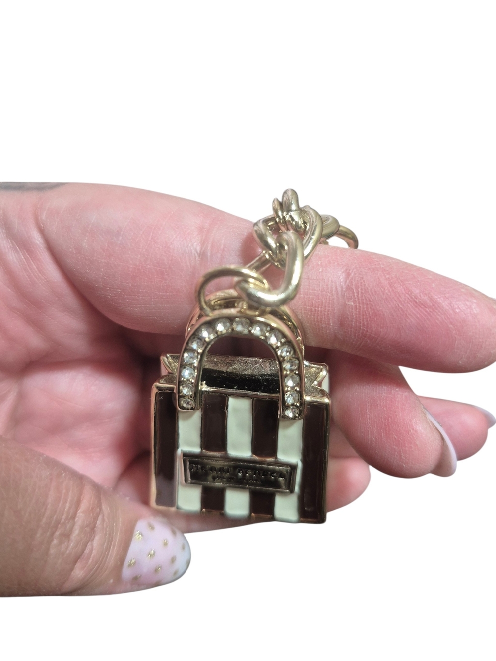 RARE Henri Bendel Brown & White Striped Swarvoski Crystal Shopping Bag Keychain - Picture 3 of 9
